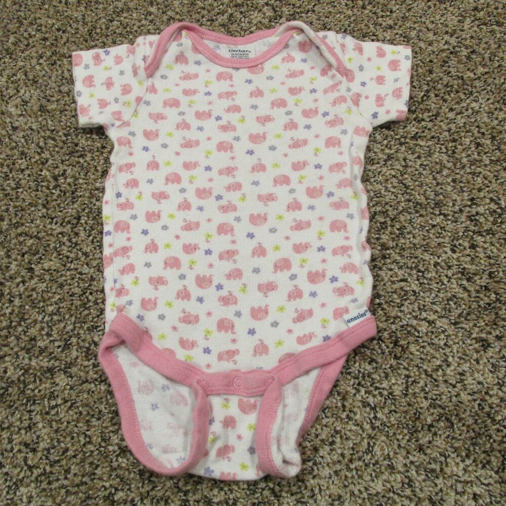 Gerber One Piece Bodysuit Toddler Girls Size 18M Pink White Elephant Floral Snap